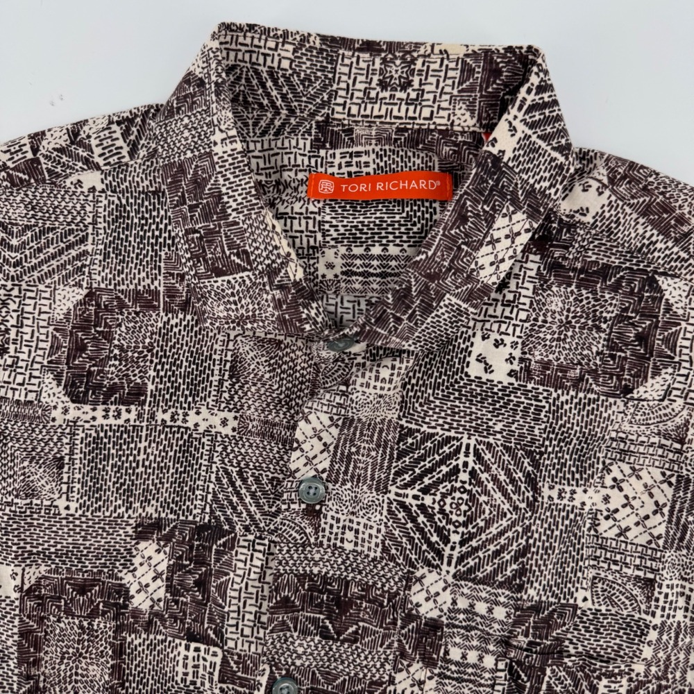 Tori Richard Shirt Men Medium Brown Geometric Cotton Lawn Short Sleeve 1956 MA03